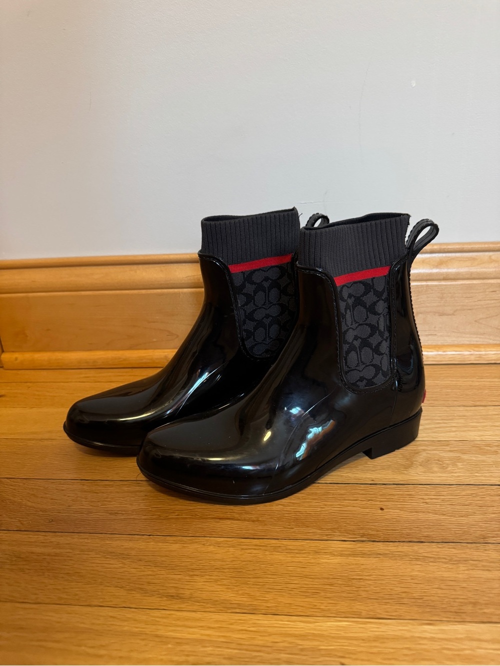 Coach Black Patent Rain Chelsea Boots with Red Accent - Picture 2 of 7